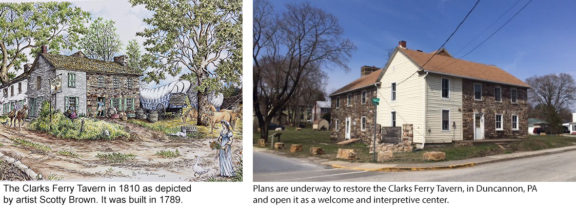 Historic 1789 Clarks Ferry Tavern in Duncannon, PA in 1810 and today.