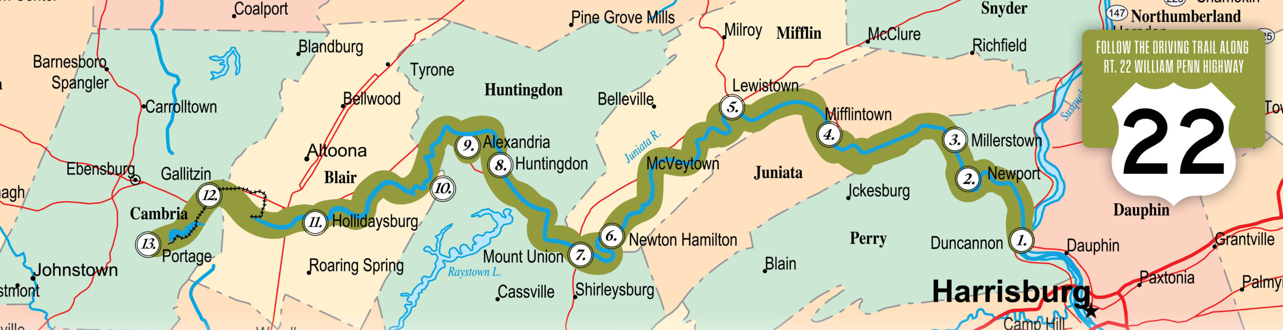 Map of the Juniata River Canal Driving Tour